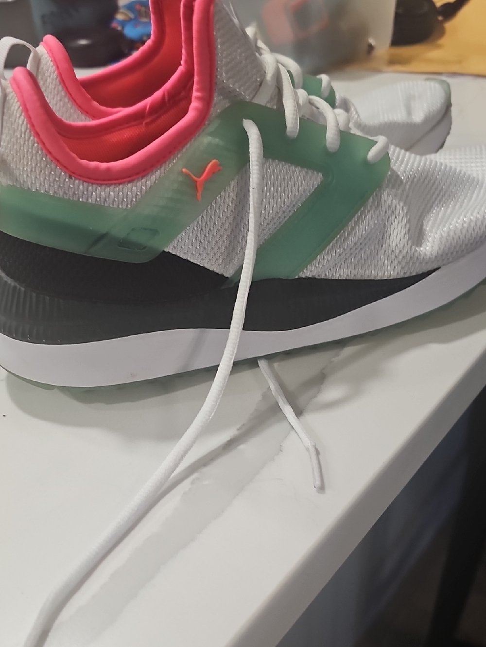 Puma White Mesh Sneakers with Green Cage & Pink Lining